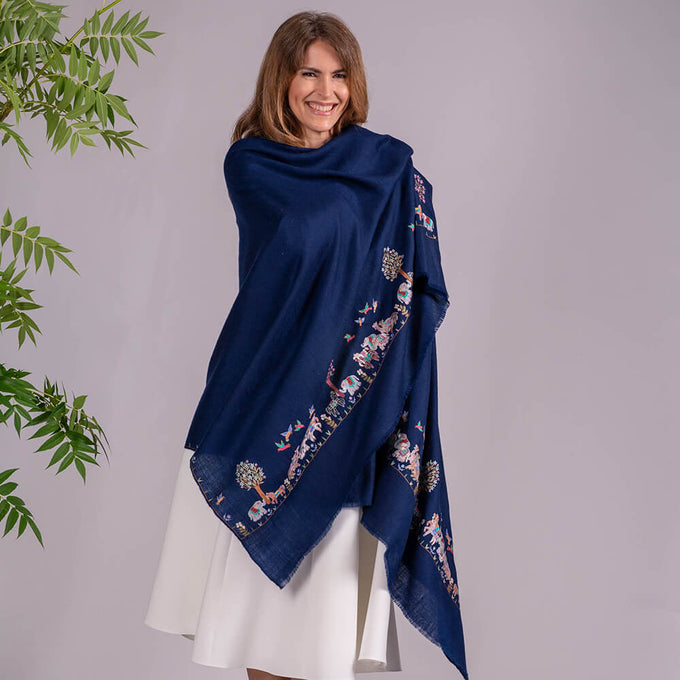 Hand Embroidered Pashmina Cashmere Shawl - Animal Kingdom