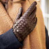 Havana Brown Woven Cashmere Lined Leather Gloves