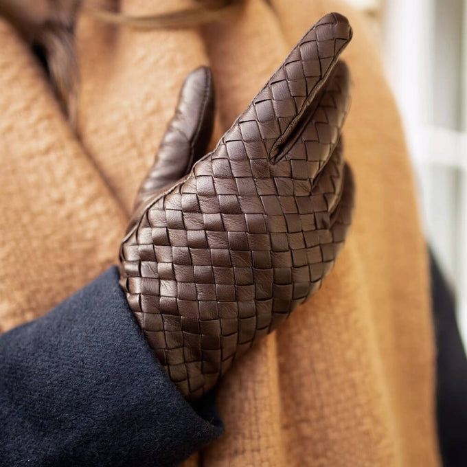 Havana Brown Woven Cashmere Lined Leather Gloves