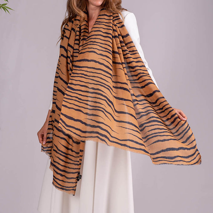 Caramel Zebra Print Cashmere and Silk Wrap