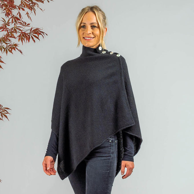 Black High Neck Buttoned Cashmere Poncho