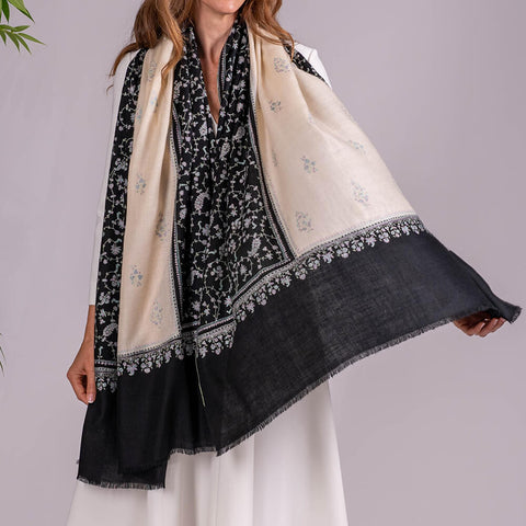 Hand Embroidered Pashmina Cashmere Shawl - Black and Cream