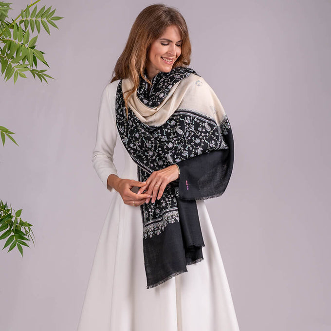 Hand Embroidered Pashmina Cashmere Shawl - Black and Cream