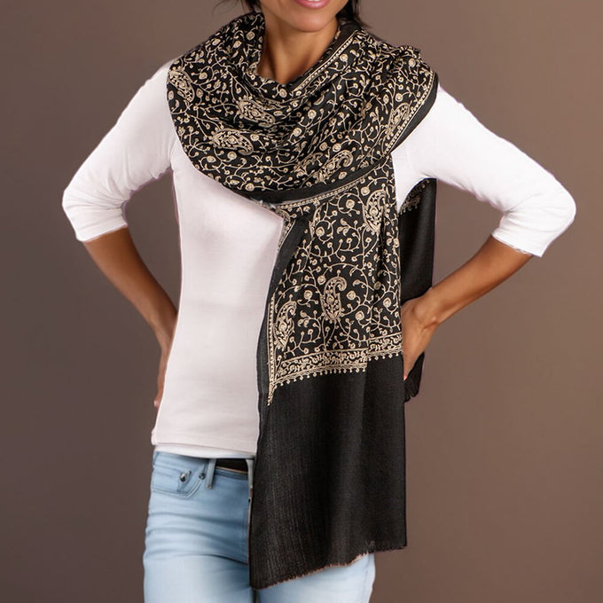 Black and Cream Embroidered Cashmere and Silk Wrap