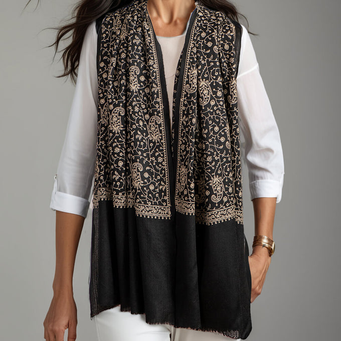 Black and Cream Embroidered Cashmere and Silk Wrap