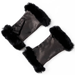 Black Italian Leather Mittens with Rabbit Fur Cuffs Cashmere Lined