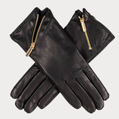 Ladies Black Rabbit Fur Lined Gloves with Zip