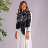 Hand Embroidered Pashmina Cashmere Shawl - Black Ikat