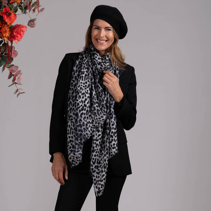 Leopard Print Cashmere & Silk Scarf & Cashmere Beret Set