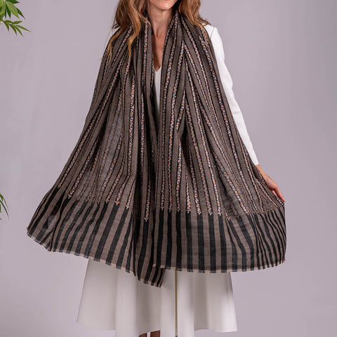 Hand Embroidered Pashmina Cashmere Shawl - Narrow Stripe