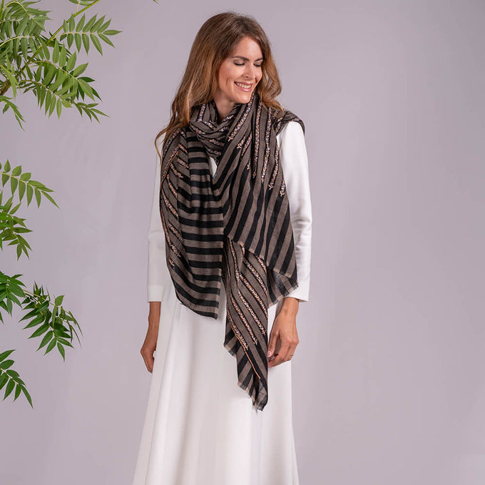 Hand Embroidered Pashmina Cashmere Shawl - Narrow Stripe