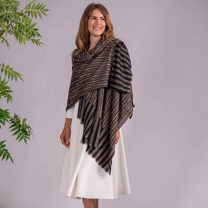 Hand Embroidered Pashmina Cashmere Shawl - Narrow Stripe