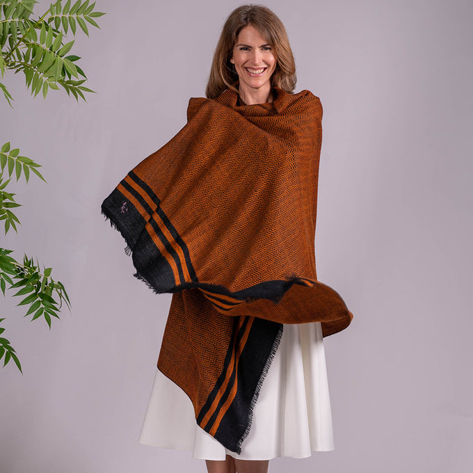 Burnt Orange and Black Pashmina Cashmere Shawl