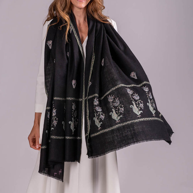 Hand Embroidered Pashmina Cashmere Shawl - Black Tulips