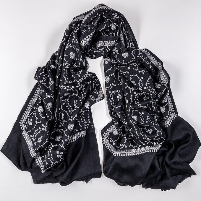 Black and White Embroidered Cashmere and Silk Wrap