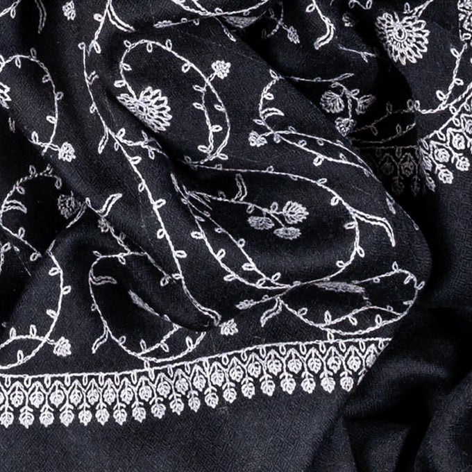 Black and White Embroidered Cashmere and Silk Wrap