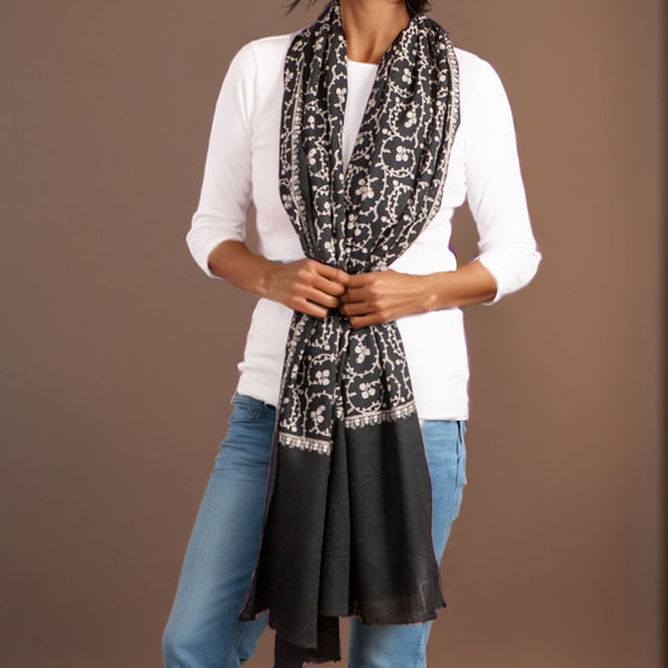 Black and White Embroidered Cashmere and Silk Wrap