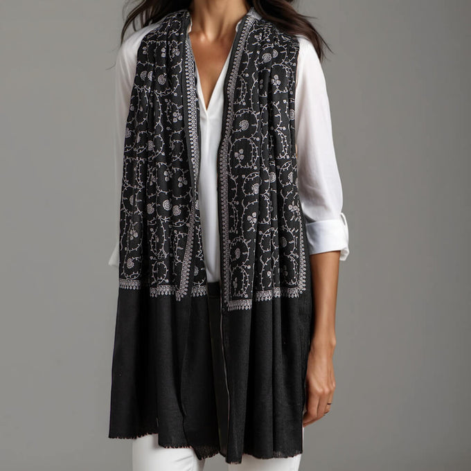 Black and White Embroidered Cashmere and Silk Wrap