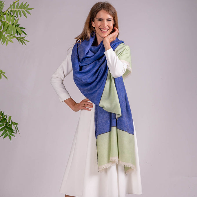 Tea Green and Blue Pashmina Cashmere Shawl