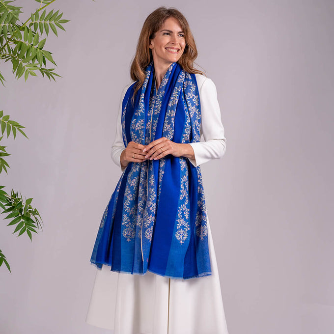 Hand Embroidered Pashmina Cashmere Shawl - Blue Heaven