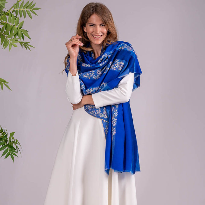 Hand Embroidered Pashmina Cashmere Shawl - Blue Heaven