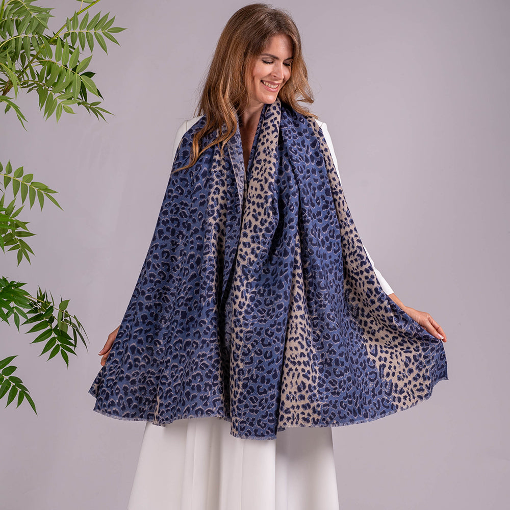 French Blue Leopard Print Pashmina Cashmere Shawl