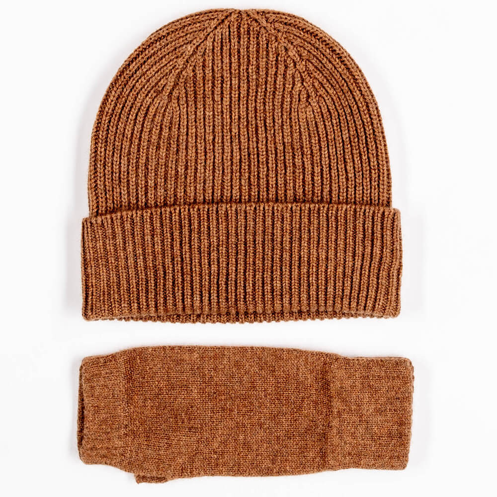 Brown Cashmere Beanie and Mittens Set