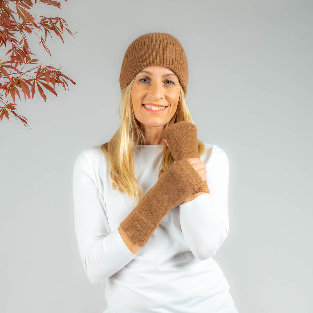 Brown Cashmere Beanie and Mittens Set