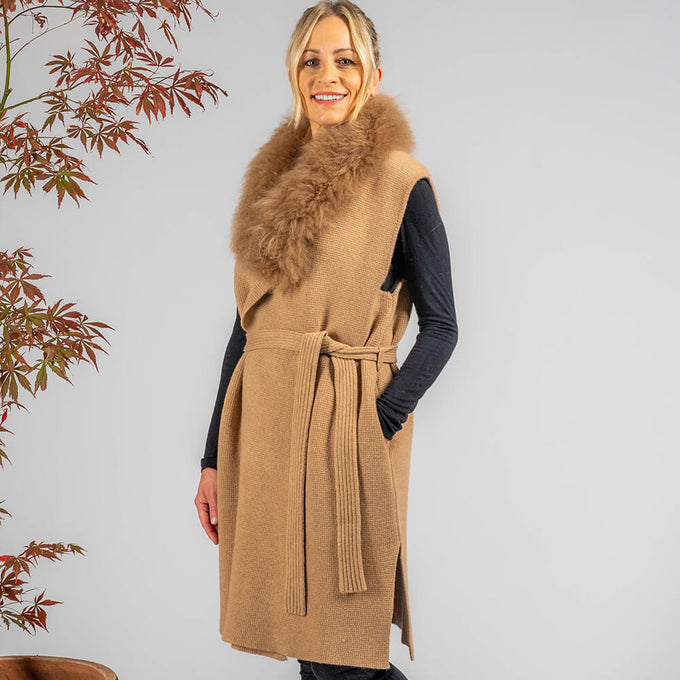 Caramel Cashmere Blend Longline Gilet: Cashmere Fur Trim