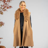 Caramel Cashmere Blend Longline Gilet: Cashmere Fur Trim