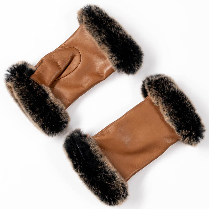 Camel Italian Leather Mittens with Rabbit Fur Cuffs Cashmere Lined