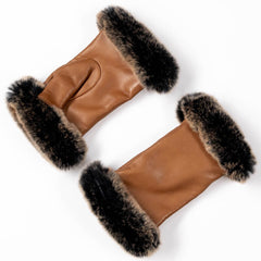 Camel Italian Leather Mittens with Rabbit Fur Cuffs Cashmere Lined