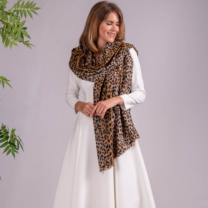 Brown Leopard Print Pashmina Cashmere Shawl