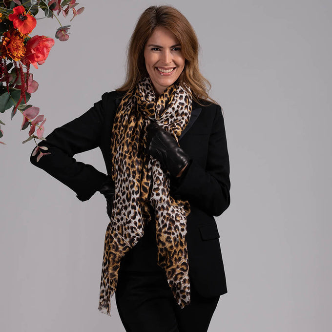 Leopard Print Cashmere & Silk Wrap & Fur Lined Leather Gloves