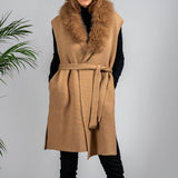 Caramel Cashmere Blend Longline Gilet: Cashmere Fur Trim