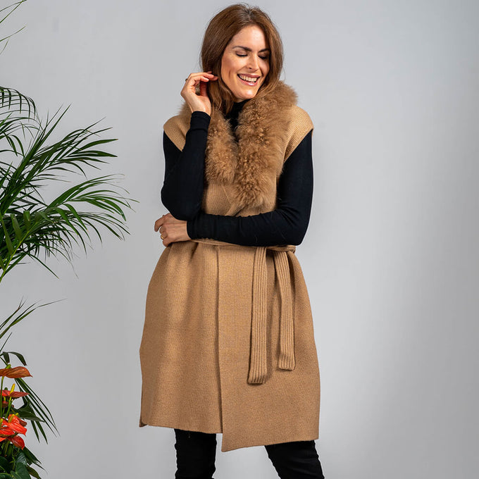 Caramel Cashmere Blend Longline Gilet: Cashmere Fur Trim