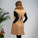 Caramel Cashmere Blend Longline Gilet: Cashmere Fur Trim