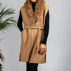 Caramel Cashmere Blend Longline Gilet: Cashmere Fur Trim