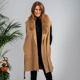 Caramel Cashmere Blend Longline Gilet: Cashmere Fur Trim