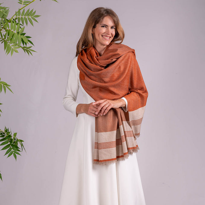 Burnt Orange and Natural Pashmina Cashmere Shawl