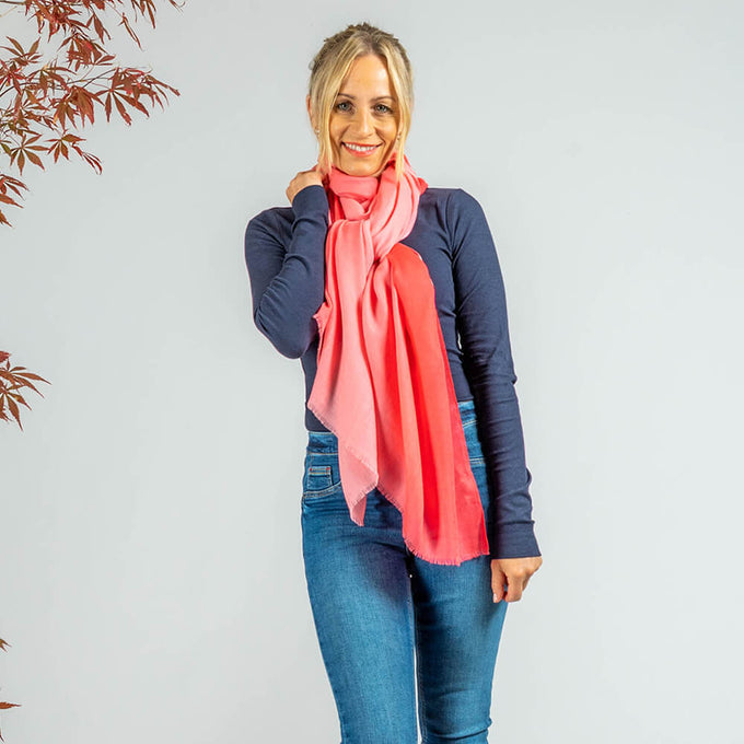 Sunset Coral Shaded Cashmere and Silk Wrap