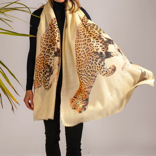 Cream Leopard Print Cashmere Scarf –