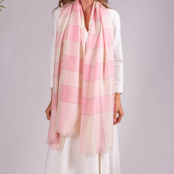 Baby Pink and Ivory Hand Woven Check Cashmere Ring Shawl