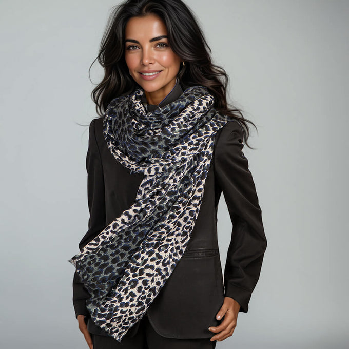 Midnight Navy Leopard Print Cashmere and Silk Scarf