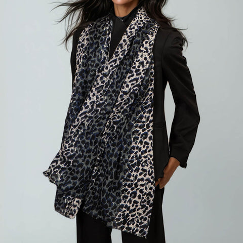 Midnight Navy Leopard Print Cashmere and Silk Scarf