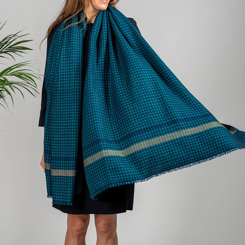 Navy and Teal Houndstooth Hand Woven Pashmina Cashmere Shawl