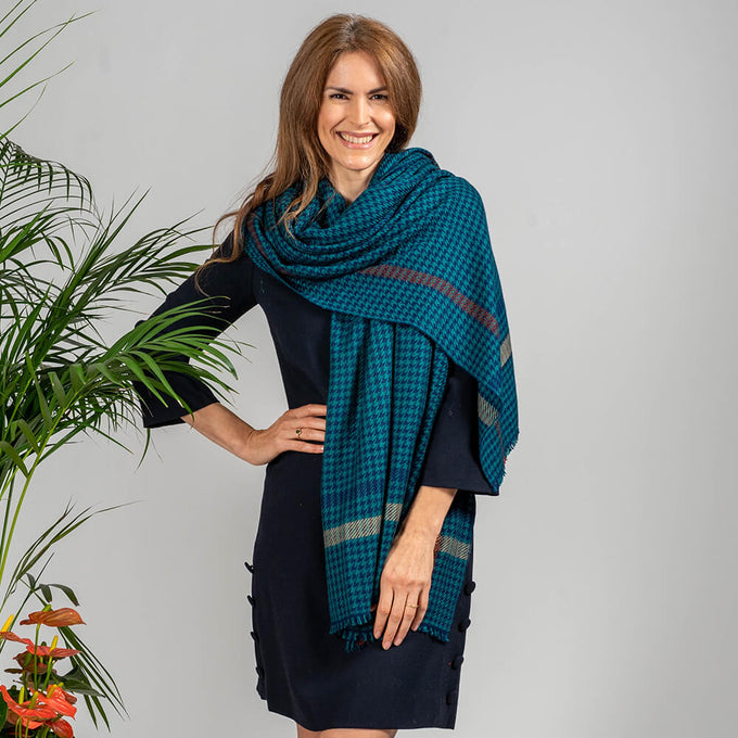 Navy and Teal Houndstooth Hand Woven Pashmina Cashmere Shawl