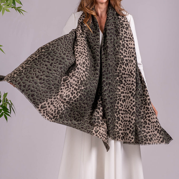 Camouflage Green Leopard Print Pashmina Cashmere Shawl