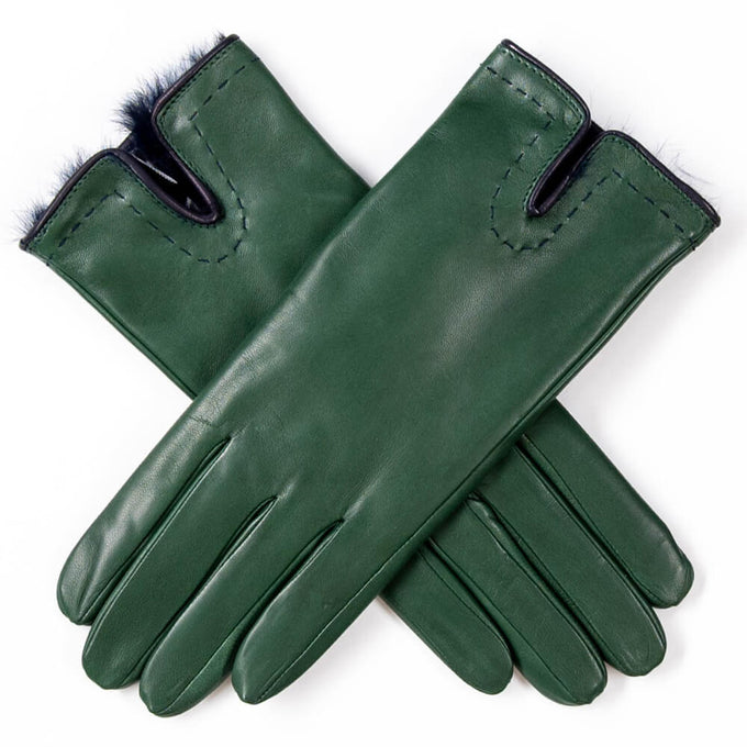 Emerald Green and Navy Rabbit Fur Lined Leather Gloves