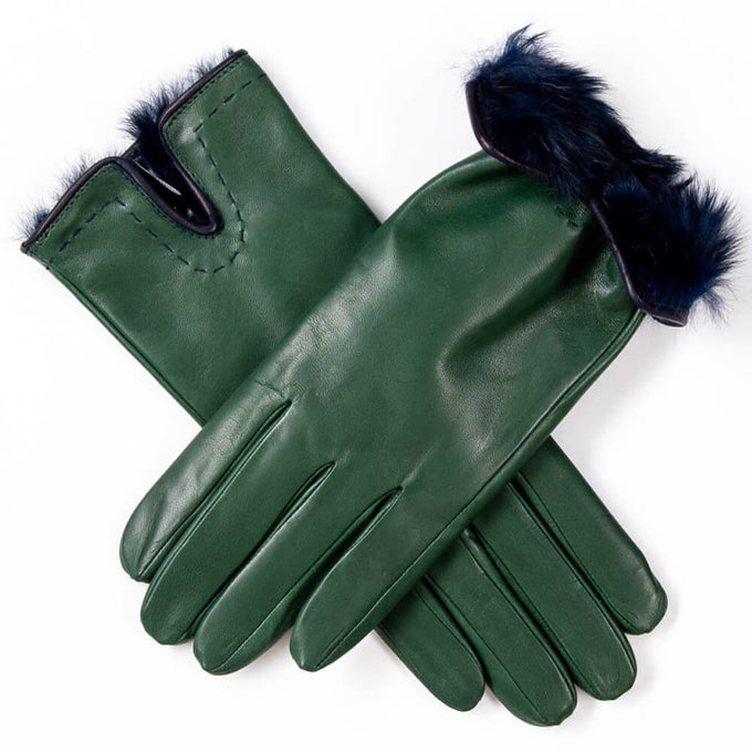 Emerald Green and Navy Rabbit Fur Lined Leather Gloves